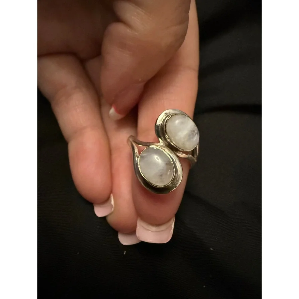 Sterling Silver 925 Double Moonstone Bypass Ring Size 8.5 Oval Cabochon Boho